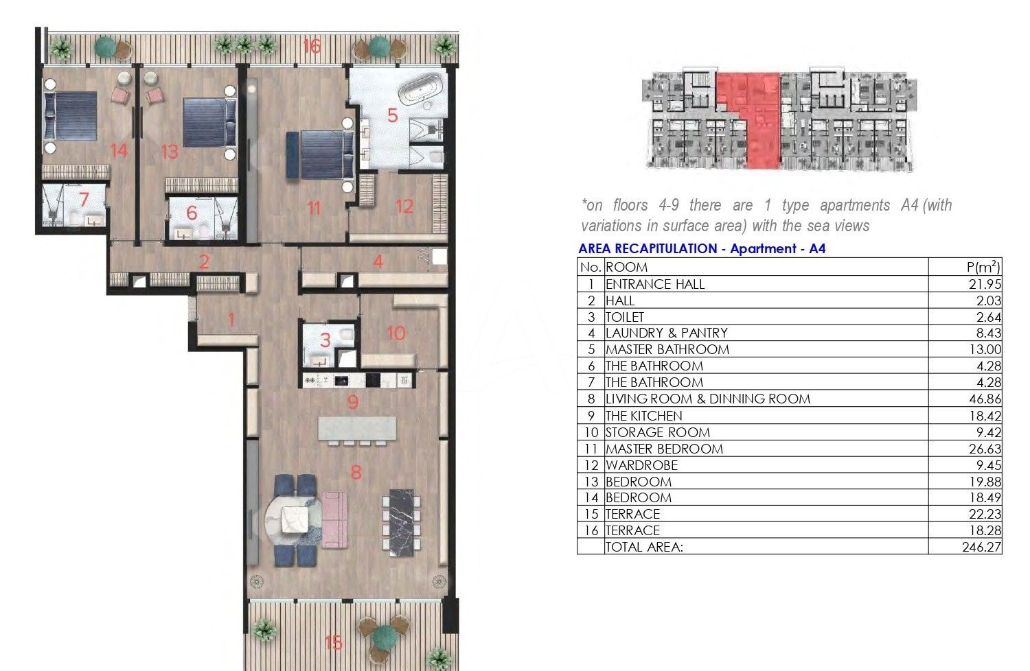 amforaproperty.com/Trosoban stan 246m2 sa pogledom na more i grad u novom Hotelsko apartmanskom kompleksu na prvoj liniji do mora u Budvi