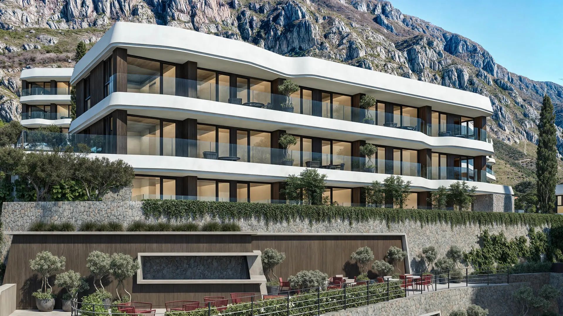 amforaproperty.com/Jednosoban opremljen stan 63.29m2 + 19.52m2 dvorista u luksuznom stambenom kompleksu sa panoramskim pogledom na more, spa centrom i vrhunskim sadržajima u Reževićima, Budva