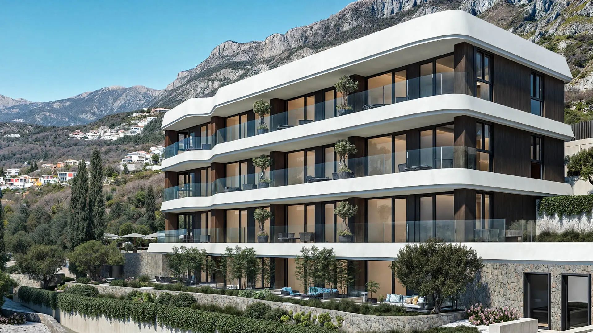 Jednosoban opremljen stan 70.33m2 + 20.10m2 dvorista u luksuznom stambenom kompleksu sa panoramskim pogledom na more, spa centrom i vrhunskim sadržajima u Reževićima, Budva - Amfora Real Estate