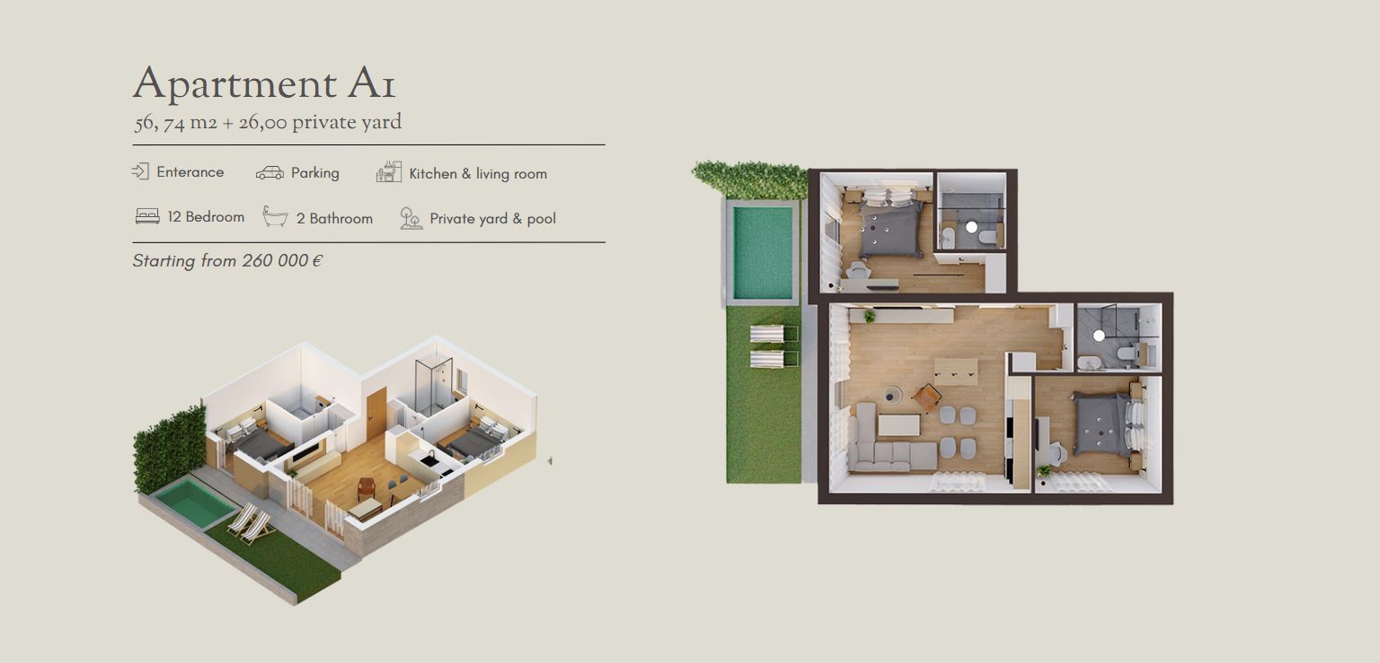 amforaproperty.com/Luksuzan dvosoban stan (55.79 m²) sa privatnim dvorištem (26 m²), bazenom i parkingom u novom kompleksu, Stoliv, 100 m od mora