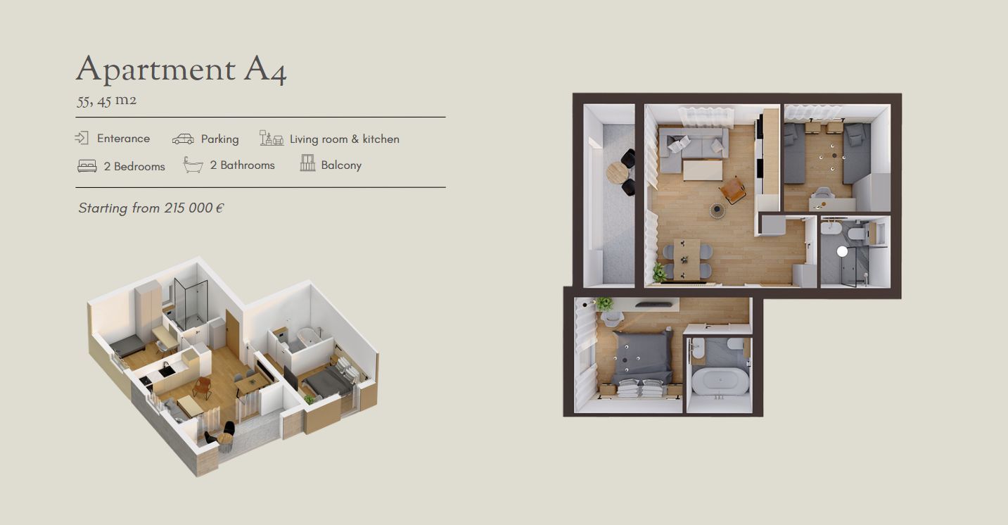 amforaproperty.com/Luksuzan dvosoban stan (55.79 m²) sa privatnim dvorištem (26 m²), bazenom i parkingom u novom kompleksu, Stoliv, 100 m od mora