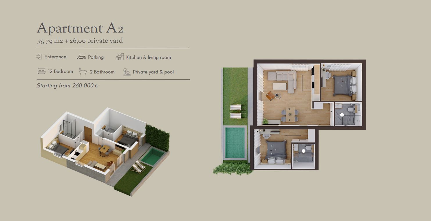 amforaproperty.com/Luksuzan dvosoban stan (55.79 m²) sa privatnim dvorištem (26 m²), bazenom i parkingom u novom kompleksu, Stoliv, 100 m od mora