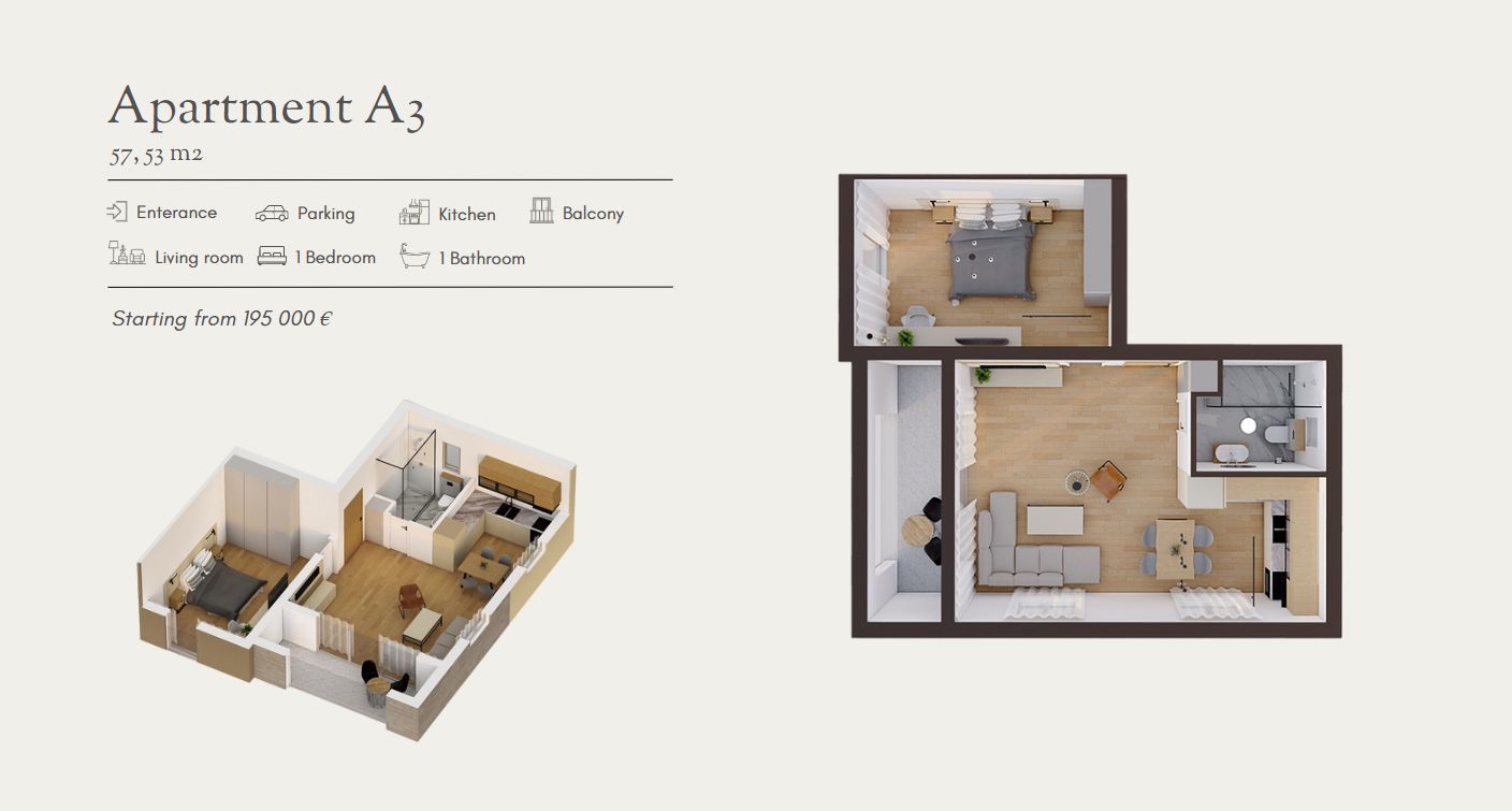 amforaproperty.com/Luksuzan dvosoban stan (55.79 m²) sa privatnim dvorištem (26 m²), bazenom i parkingom u novom kompleksu, Stoliv, 100 m od mora