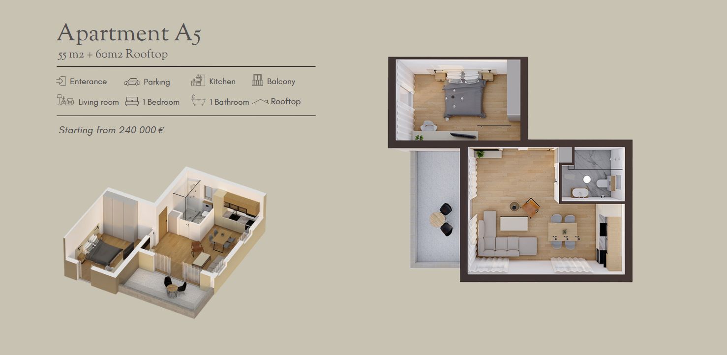 amforaproperty.com/Luksuzan dvosoban stan (55.79 m²) sa privatnim dvorištem (26 m²), bazenom i parkingom u novom kompleksu, Stoliv, 100 m od mora