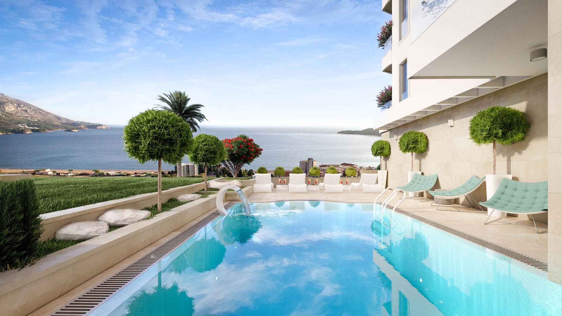 Dvosoban stan 66m2+5m2 GRATIS zelene terase,u novom kompleksu sa bazenom, SPA i pogledom na more - BECICI - Amfora Real Estate