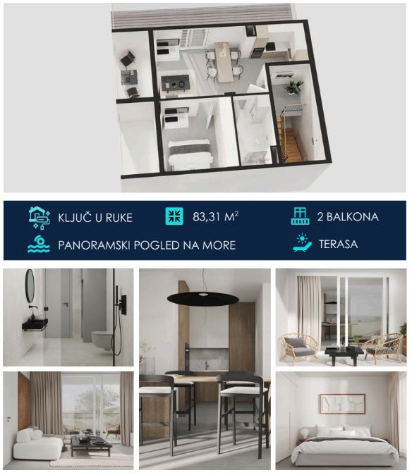 Jednosoban apartman 83.31m2 u novom kompleksu sa panoramskim pogledom na more – Tivat - Amfora Real Estate