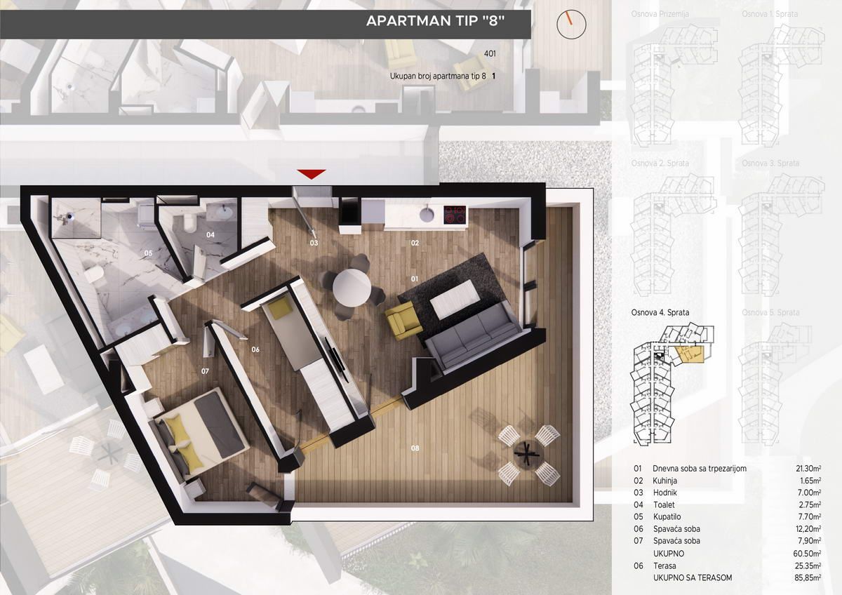 Dvosoban penthouse 109m2 sa pogledom na more u novom stambenom kompleksu u Becicima. - Amfora Real Estate