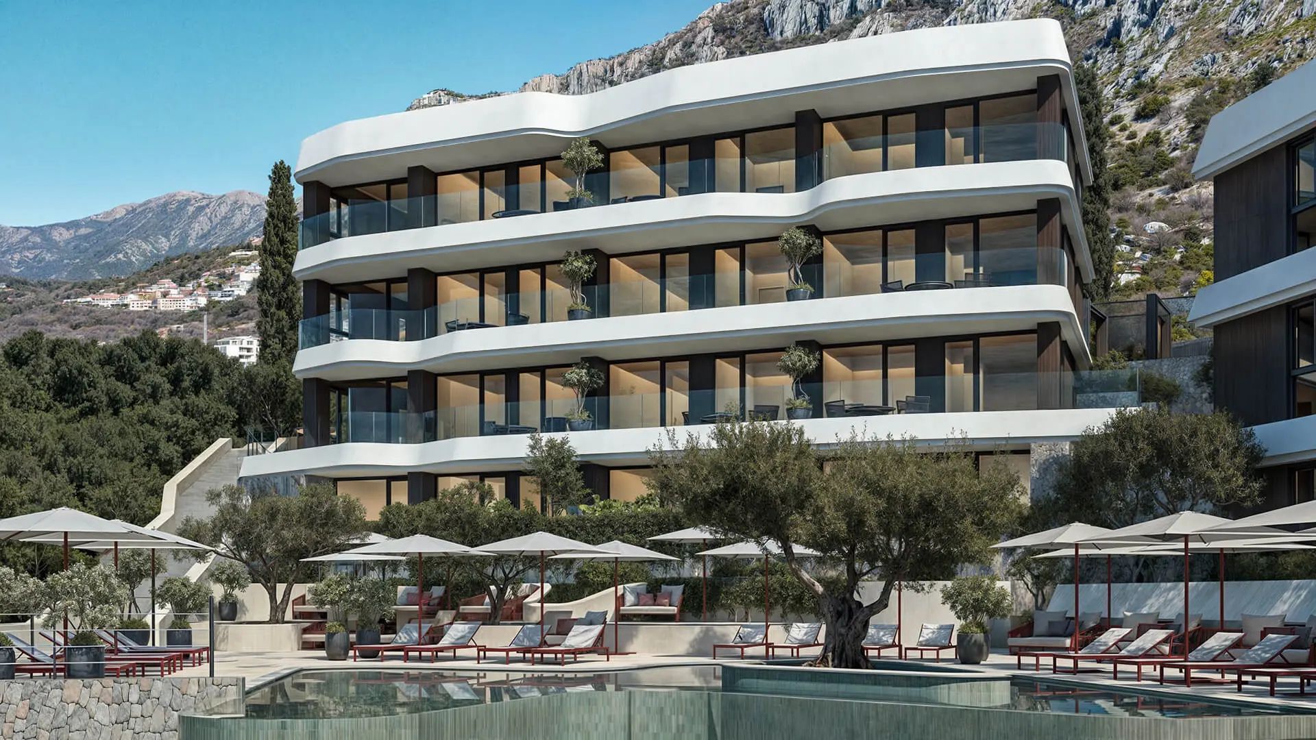 Jednosoban opremljen stan 63.86m2 u luksuznom stambenom kompleksu sa panoramskim pogledom na more, spa centrom i vrhunskim sadržajima u Reževićima, Budva - Amfora Real Estate