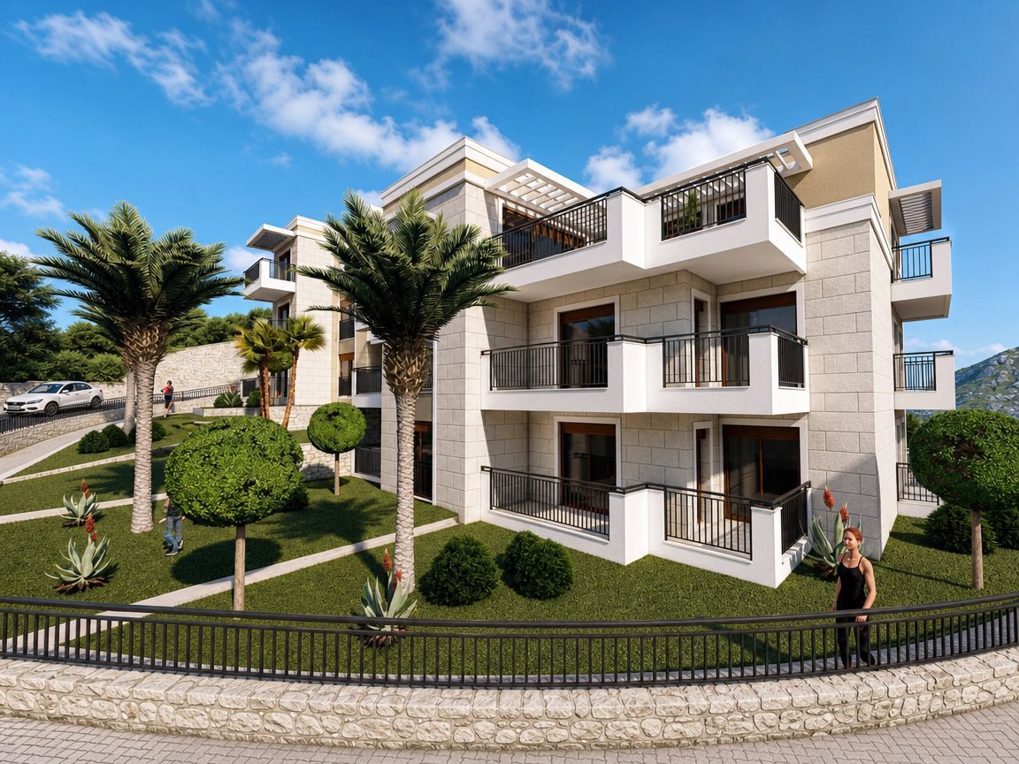 Jednosoban stan 51.99m² u novom kompleksu sa bazenom i pogledom na more – Dubovica, Budva | Bez plaćanja poreza 3% - Amfora Real Estate