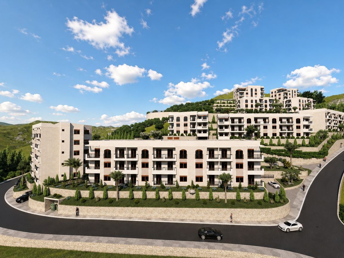 Jednosoban stan 47.55m² u novom kompleksu sa bazenom i pogledom na more – Dubovica, Budva | Bez plaćanja poreza 3% - Amfora Real Estate
