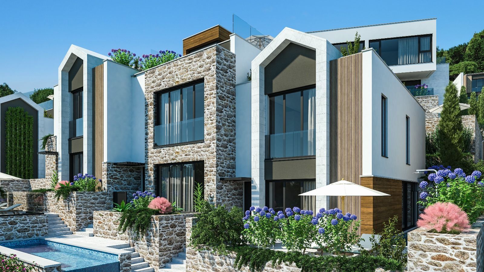 Luksuzna townhouse vila u novom kompleksu u Tivtu, Donja Lastva, sa pogledom na more, privatnim bazenom i podzemnom garažom - Amfora Real Estate