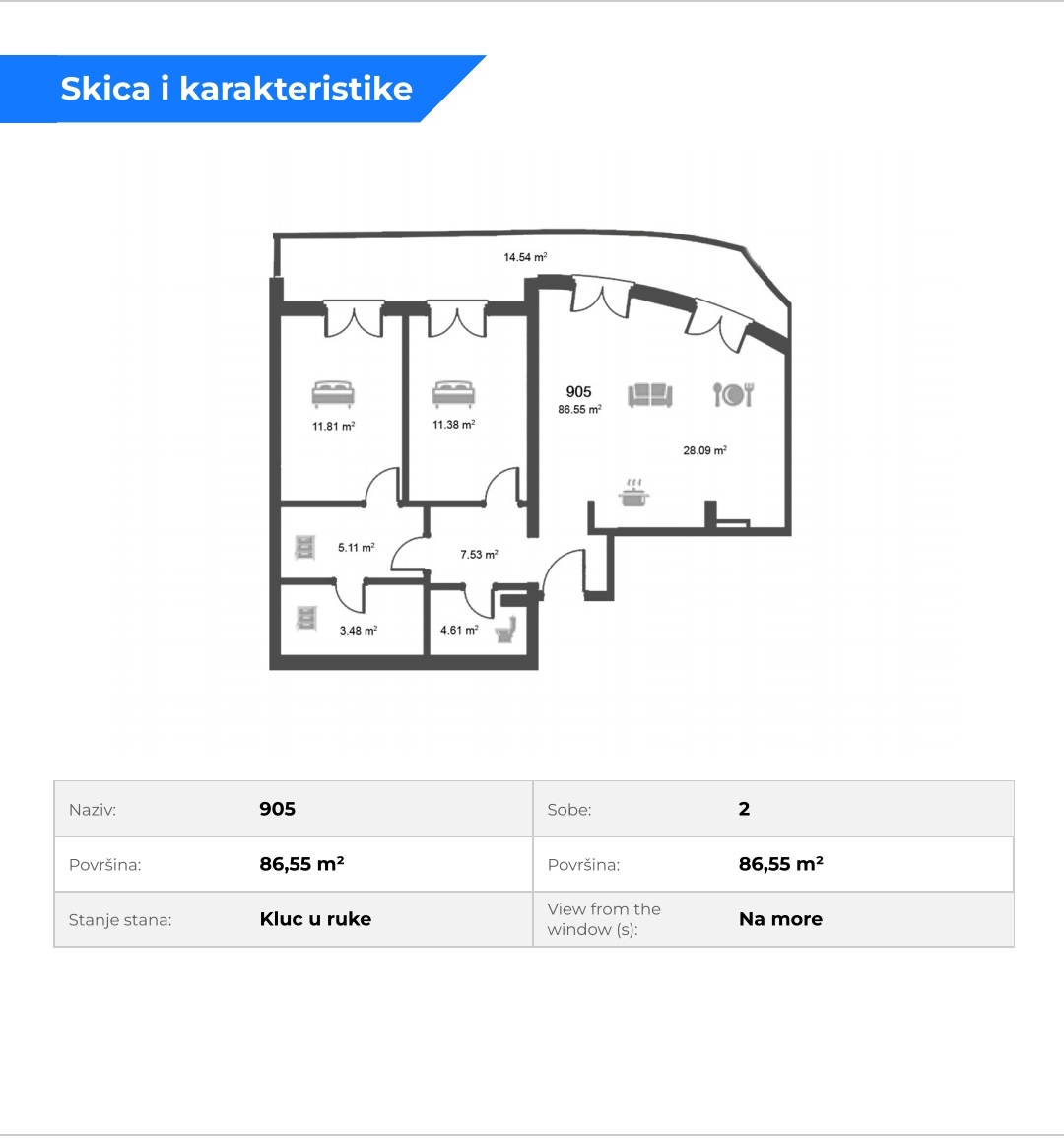 amforaproperty.com/Prelep dvosoban stan u novoizgradjenom kompleksu Sky Line u Bečićima