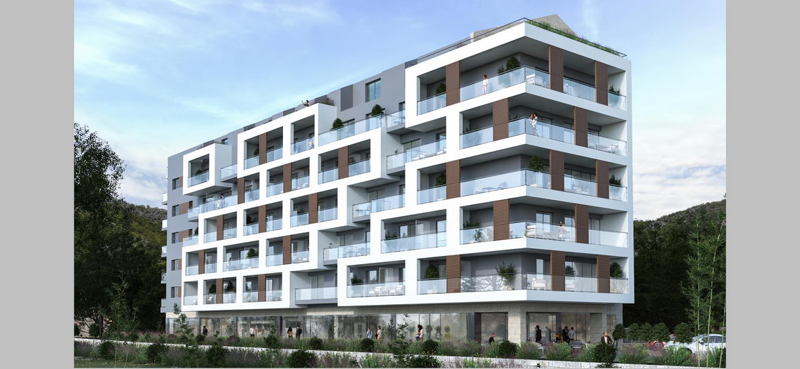 amforaproperty.com/Nov trosoban stan 118m2 sa pogledom na more i grad u novoj stambenoj zgradi AURA VITALIS u ravnom delu Budve. Područje Rozino
